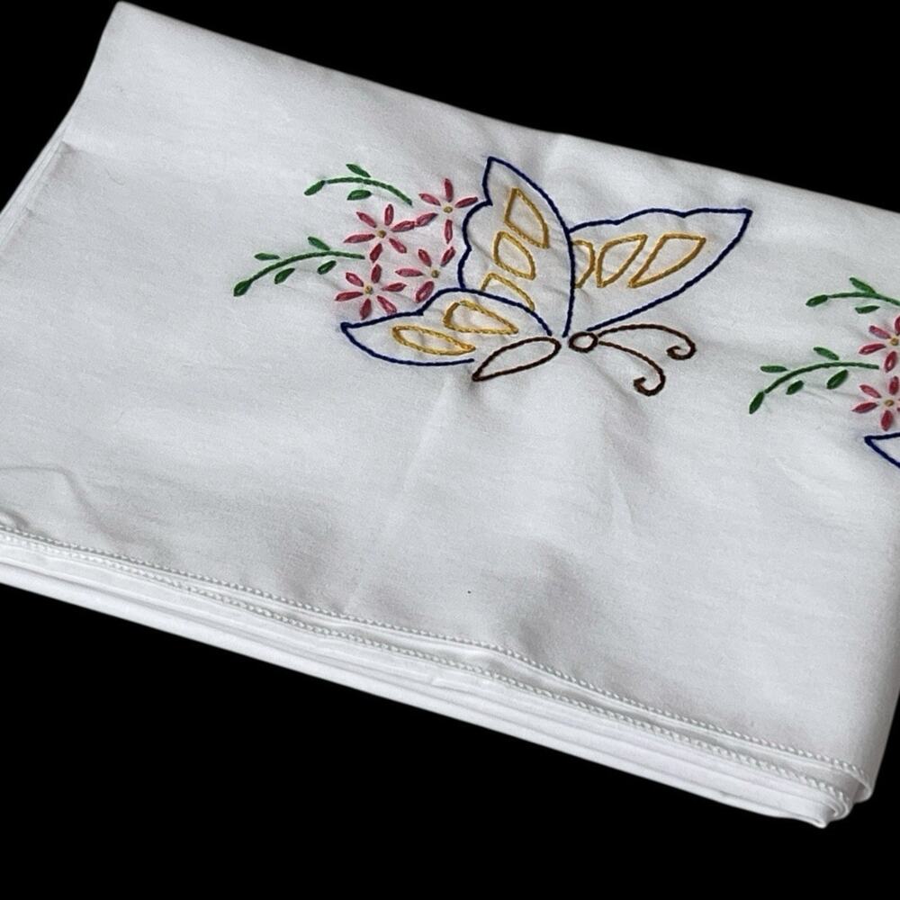 Pillowcase Colorful Hand Embroidered Butterflies White Cotton 20x29 Cottagecore